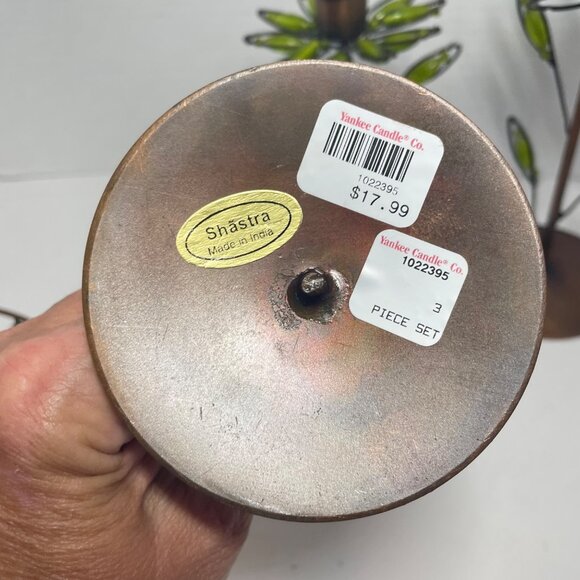 Decorative Shastra Copper & Green Beaded Candle Holder & Bowl Set Made in India - Picture 3 of 12